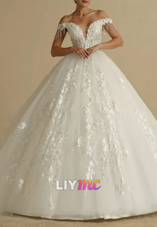 Off-Shoulder Sleeveless Floral Appliques Tulle Bridal Gown