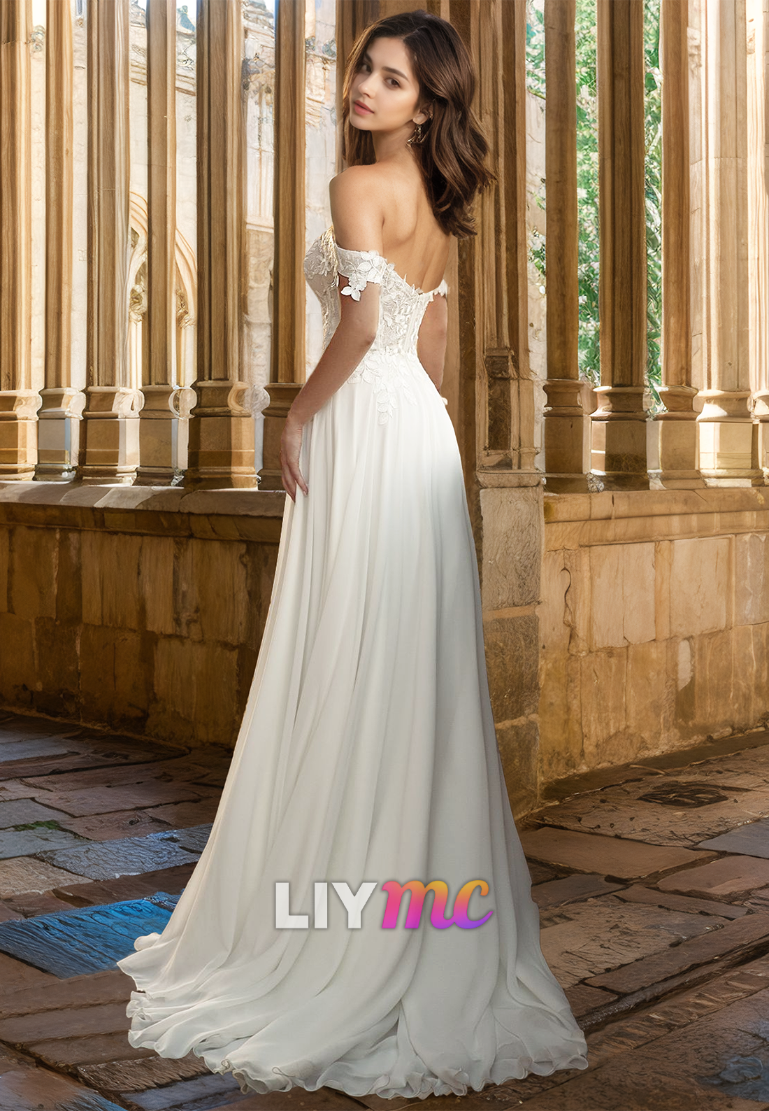 Off-Shoulder Sleeveless Lace Appliques Side Slit A-Line Wedding Dress