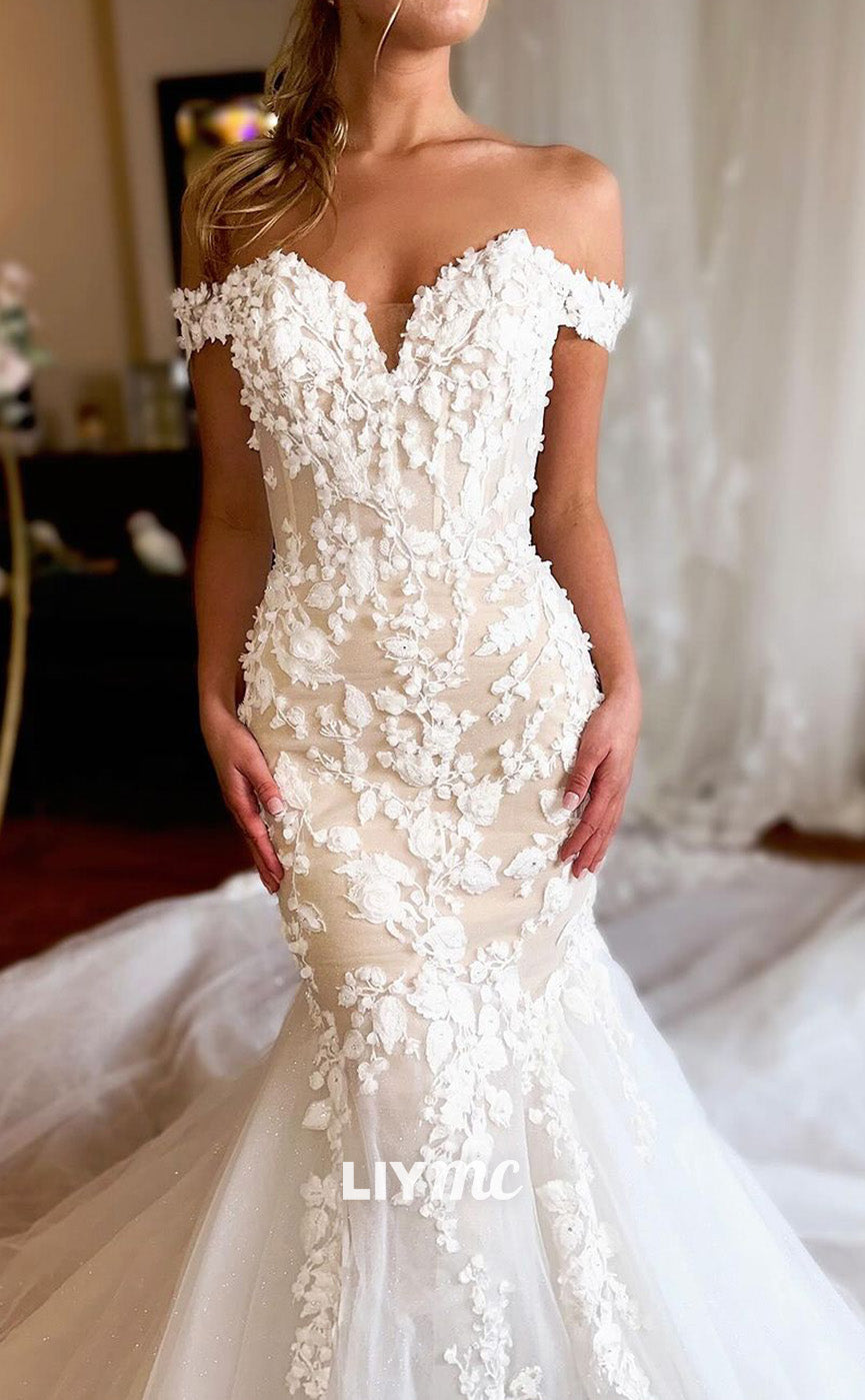 LW915 - Off-Shoulder Sleeveless Lace Appliques Tulle Mermaid Wedding Dress