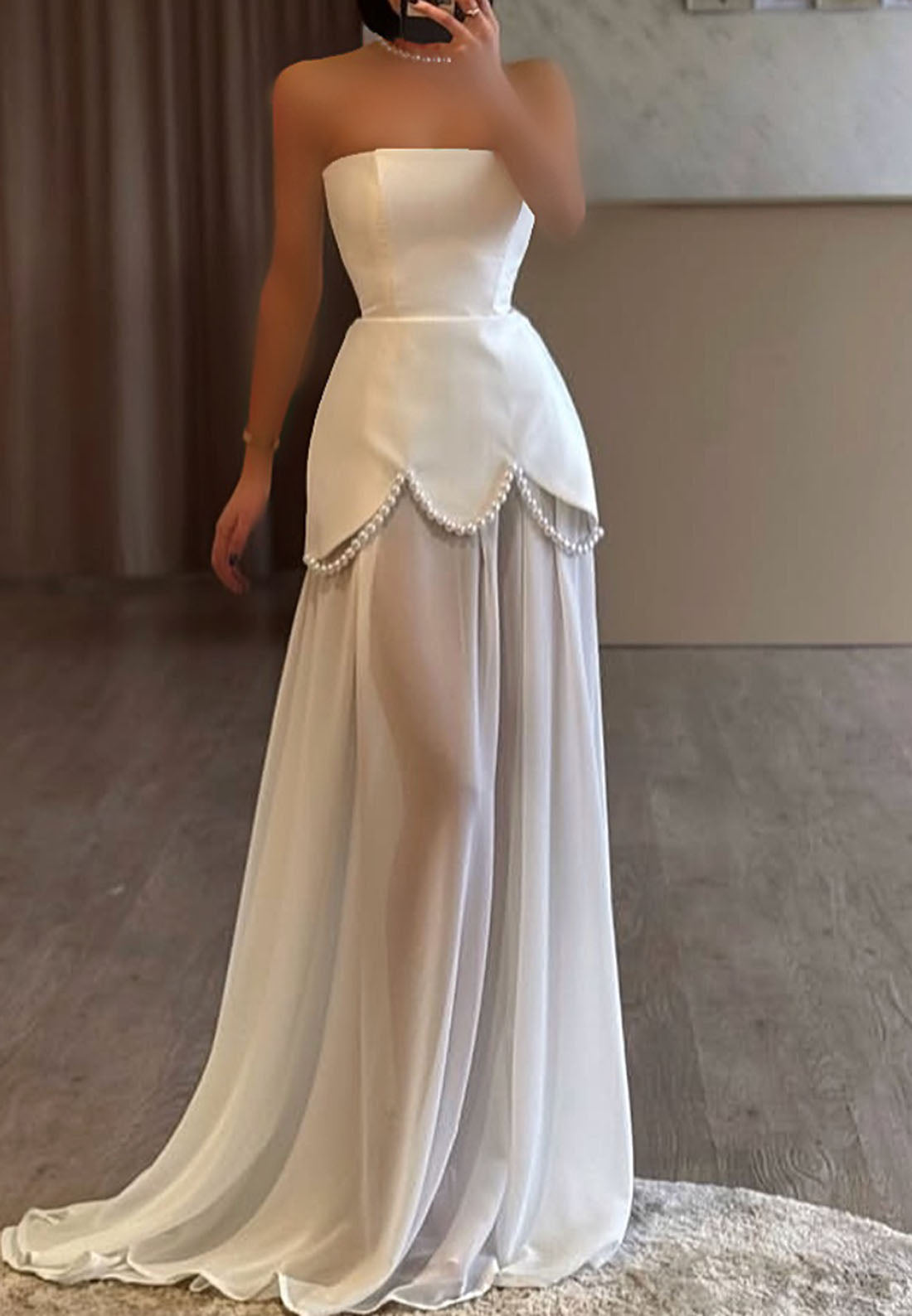 Off-Shoulder Sleeveless Pearl Chiffon A-Line Formal Dress