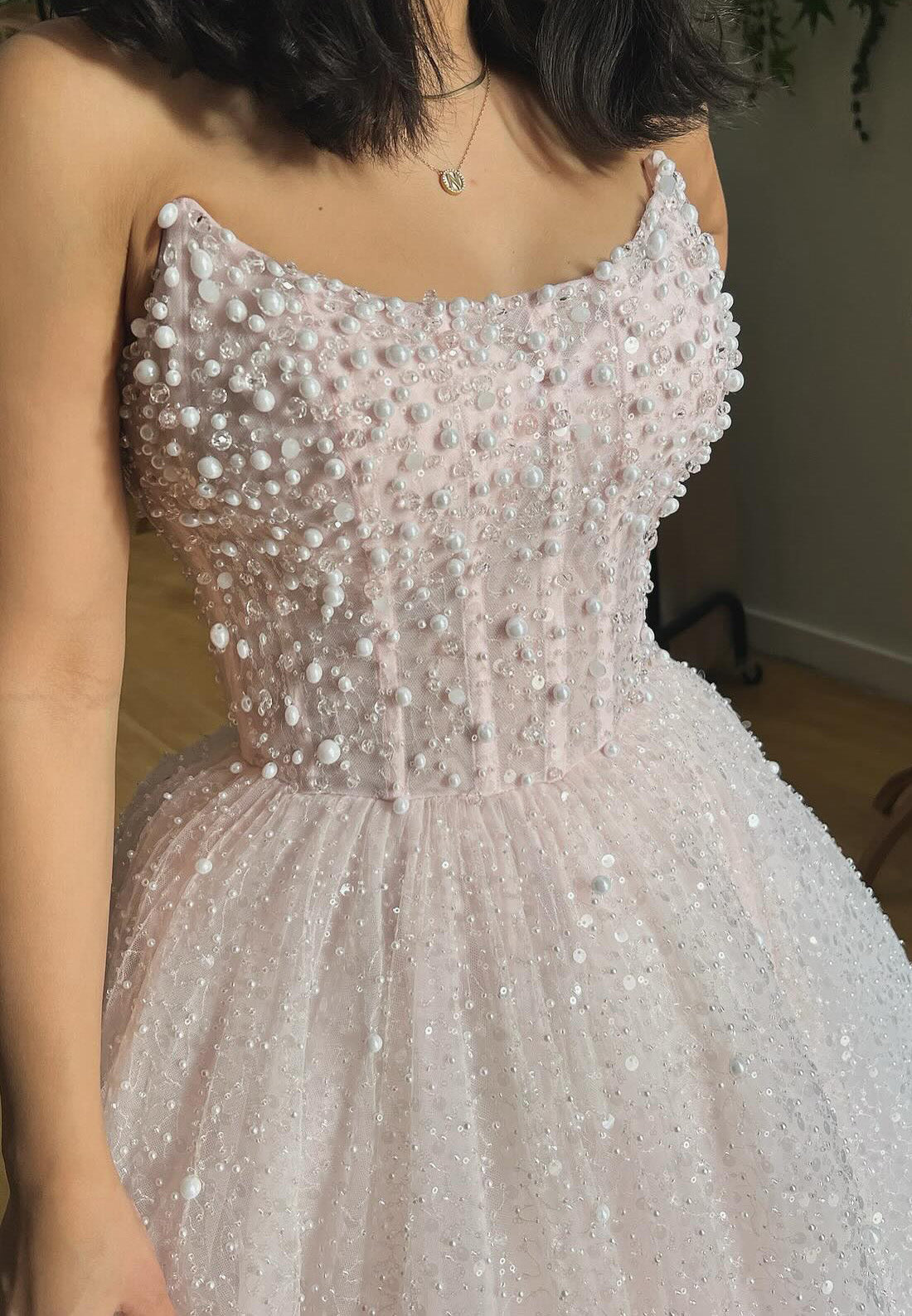 Off-Shoulder Sleeveless Pearl Sparkly A-Line Prom Dress