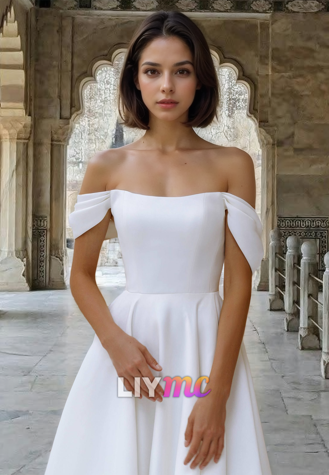 Off-Shoulder Sleeveless Pleated A-Line Beach Wedding Dress