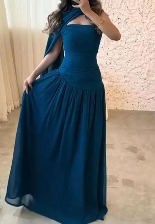 Off-Shoulder Sleeveless Pleated A-Line Evening Dress
