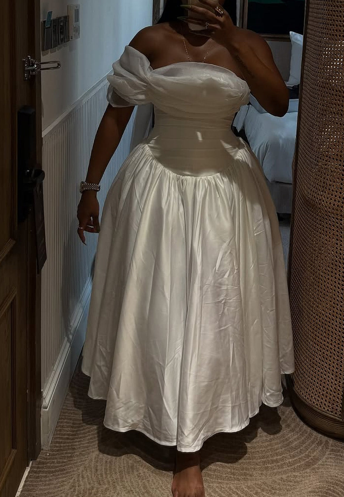 Off-Shoulder Sleeveless Pleated A-Line Midi Wedding Dress