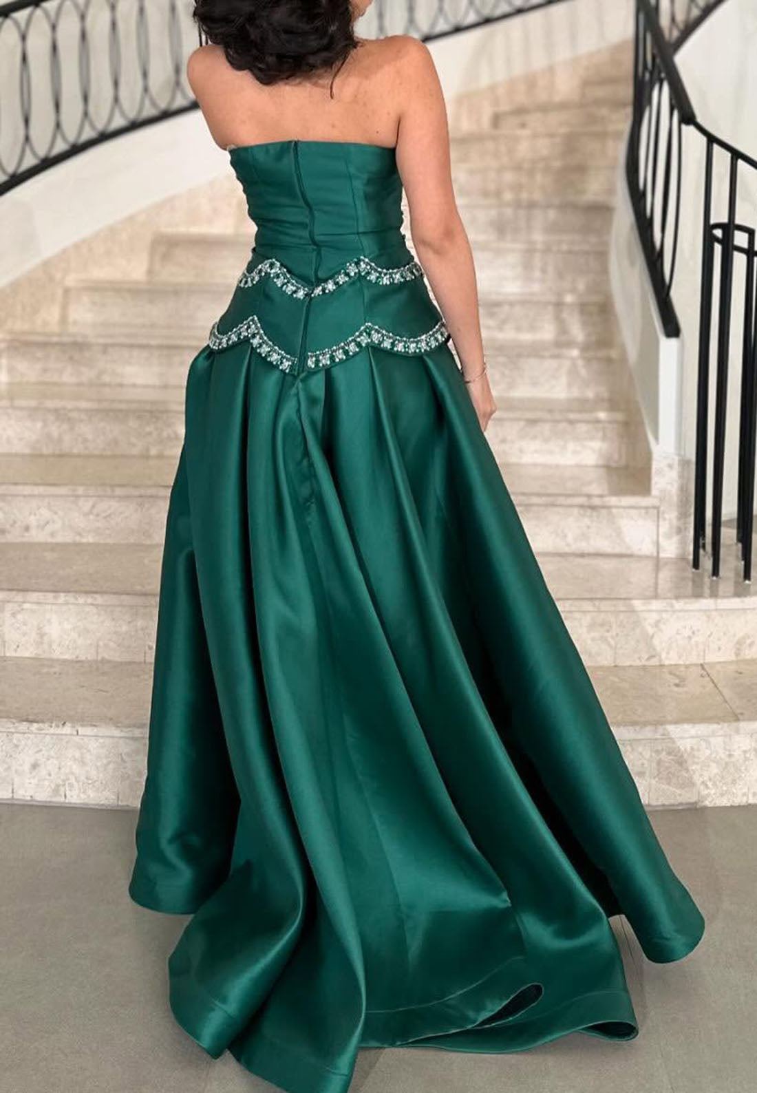 Off-Shoulder Sleeveless Pleated Beading Satin A-Line Evening Dress