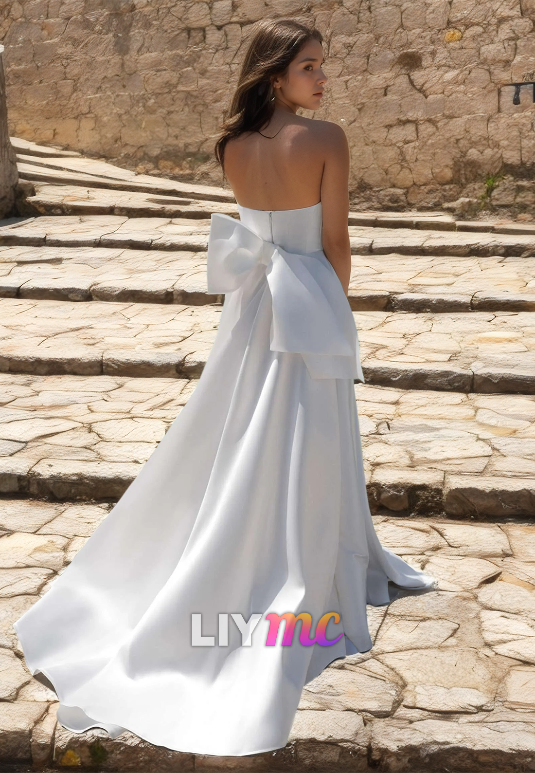 Off-Shoulder Sleeveless Pleated Bowknot Satin A-Line Beach Wedding Dress