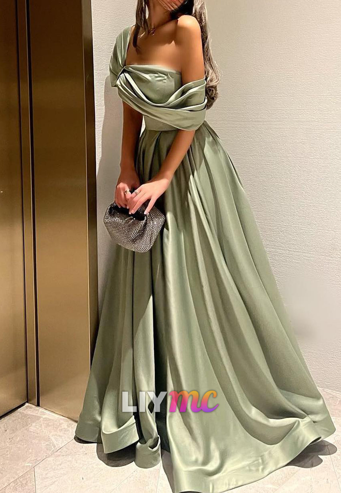 Off-Shoulder Sleeveless Pleated Dusty Sage A-Line Evening Dress