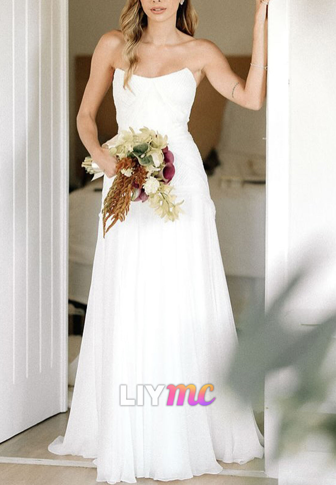 Off-Shoulder Sleeveless Pleated Flowy A-Line Wedding Dress