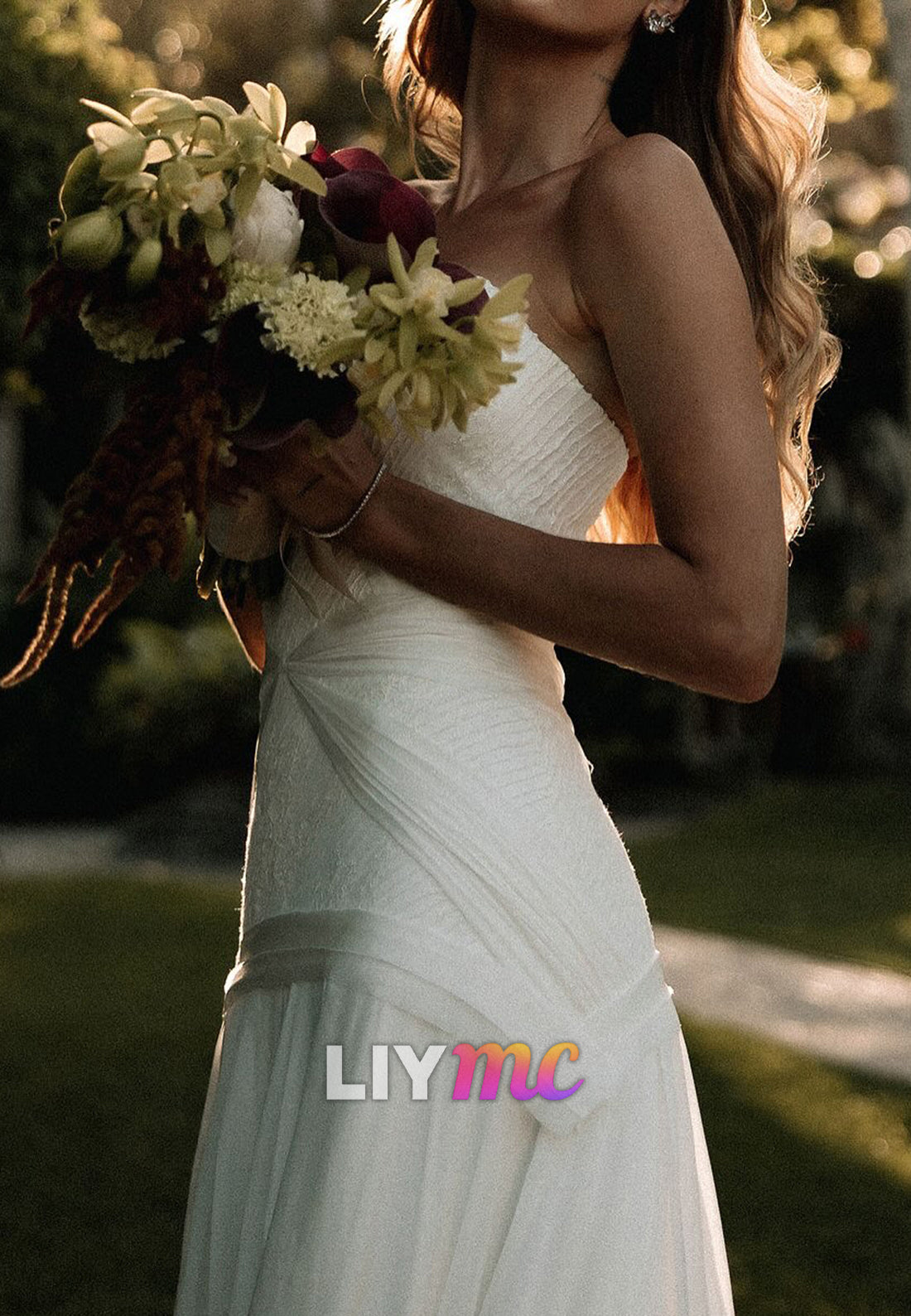 Off-Shoulder Sleeveless Pleated Flowy A-Line Wedding Dress