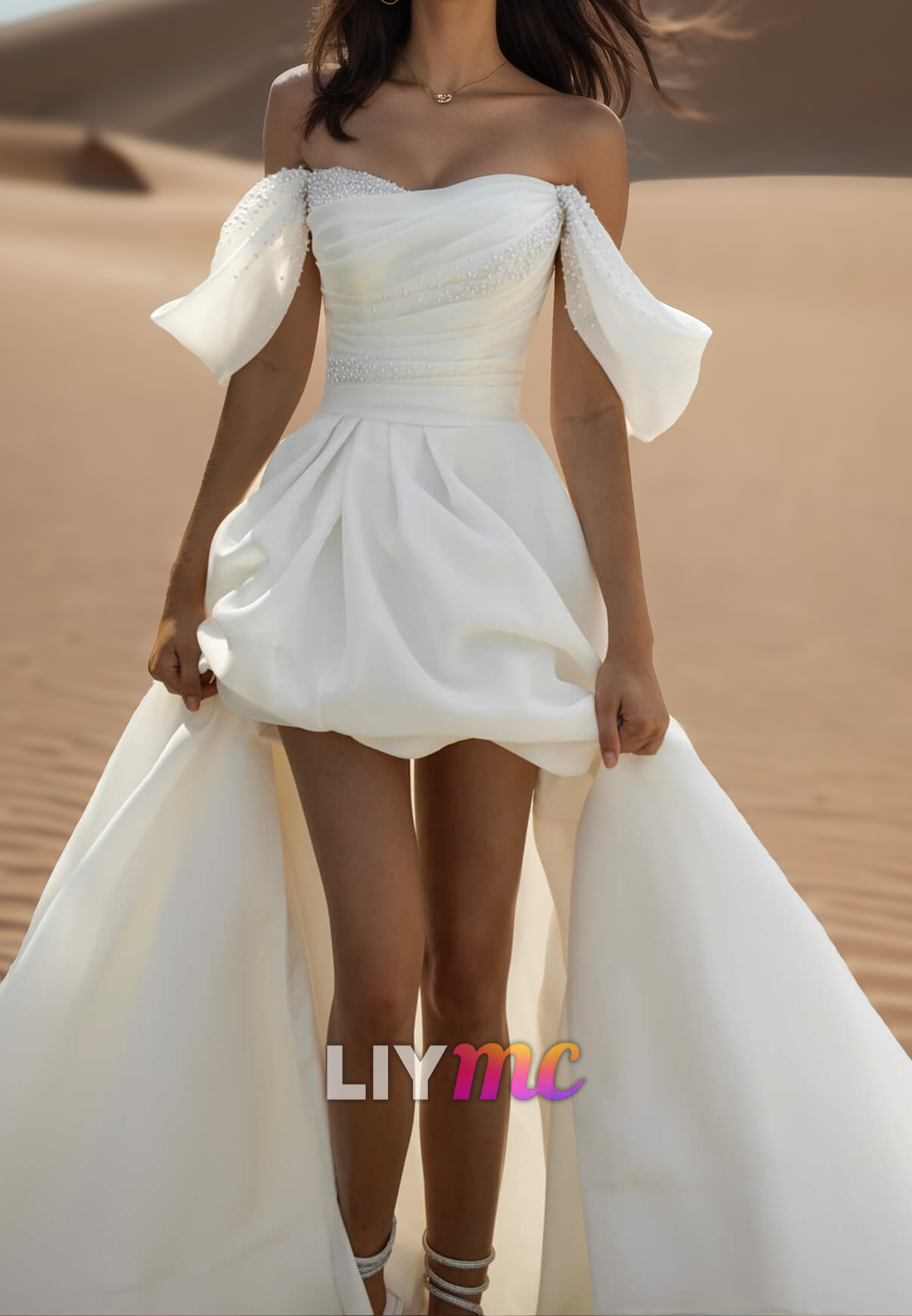 Off-Shoulder Sleeveless Pleated Satin A-Line Beach Wedding Dress