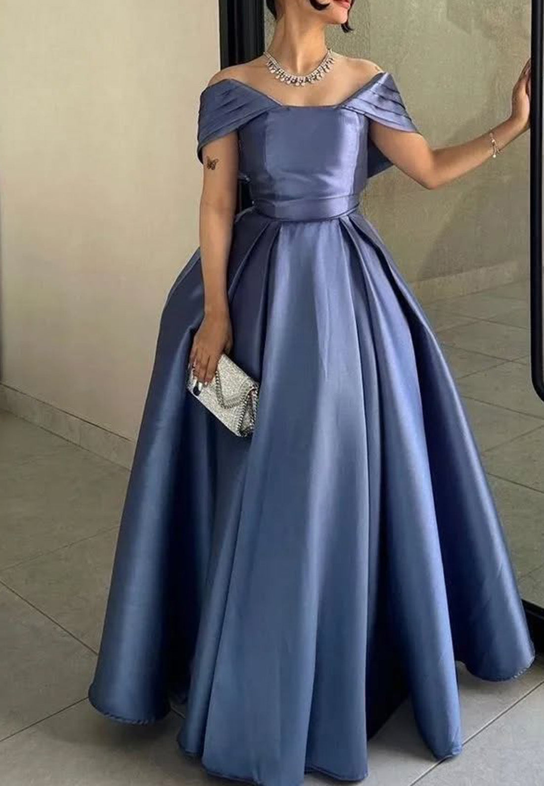 Off-Shoulder Sleeveless Pleated Satin A-Line Evening Dress