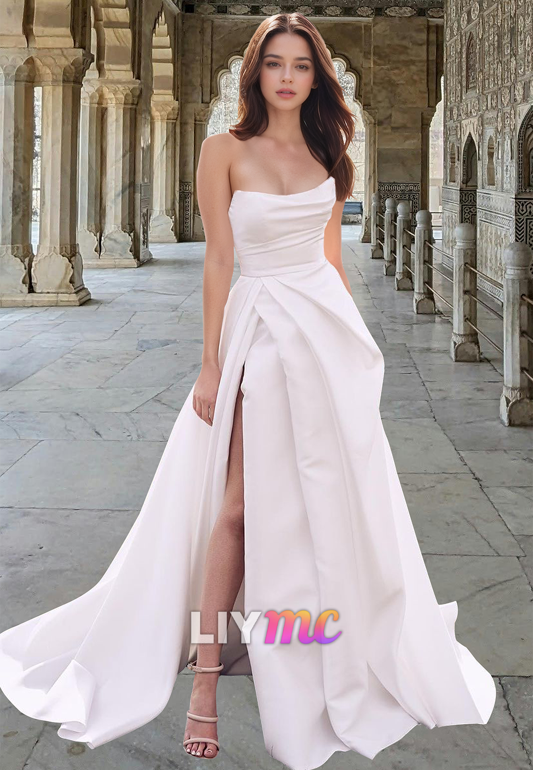LW029 - A line Strapless Satin Wedding Dress with Slit Liymc LW029 - A line Strapless Satin Wedding Dress with Slit Liymc