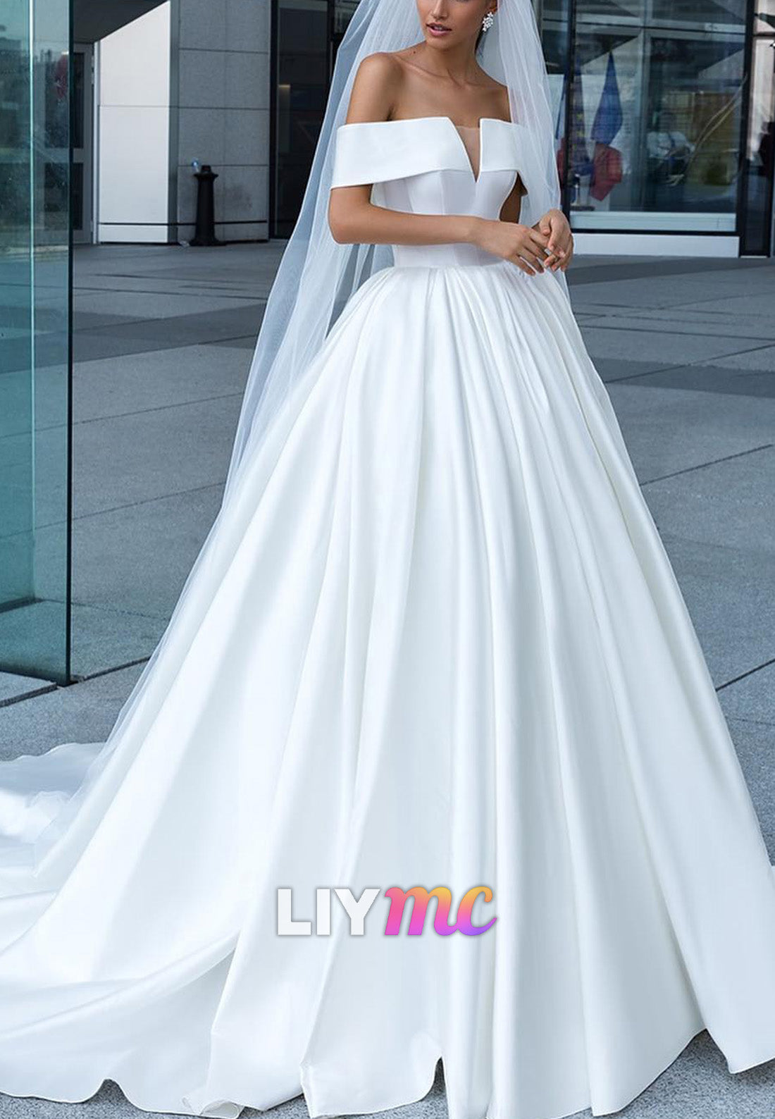 Off-Shoulder Sleeveless Pleated Satin A-Line Wedding Dress