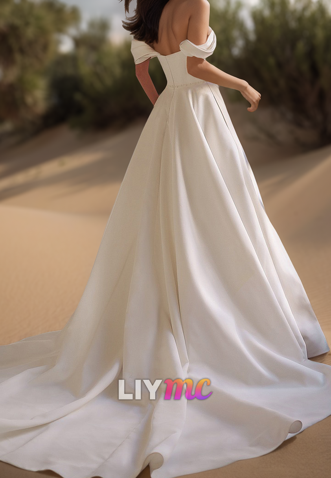 Off-Shoulder Sleeveless Pleated Satin Simple A-Line Wedding Dress
