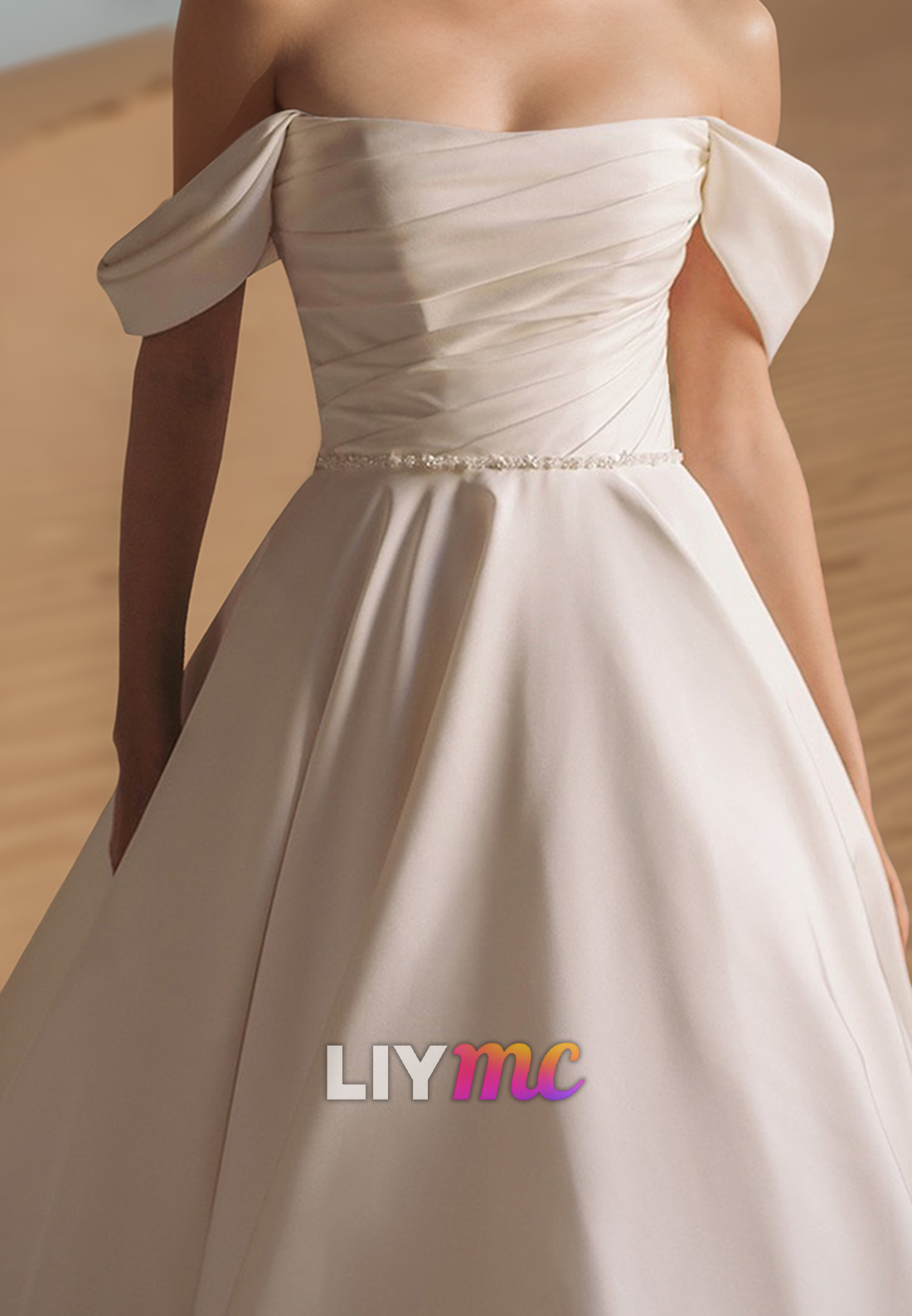 Off-Shoulder Sleeveless Pleated Satin Simple A-Line Wedding Dress