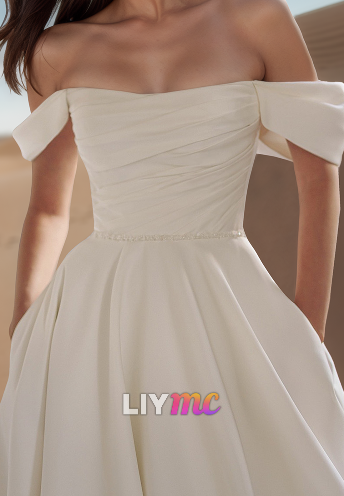 Off-Shoulder Sleeveless Pleated Satin Simple A-Line Wedding Dress