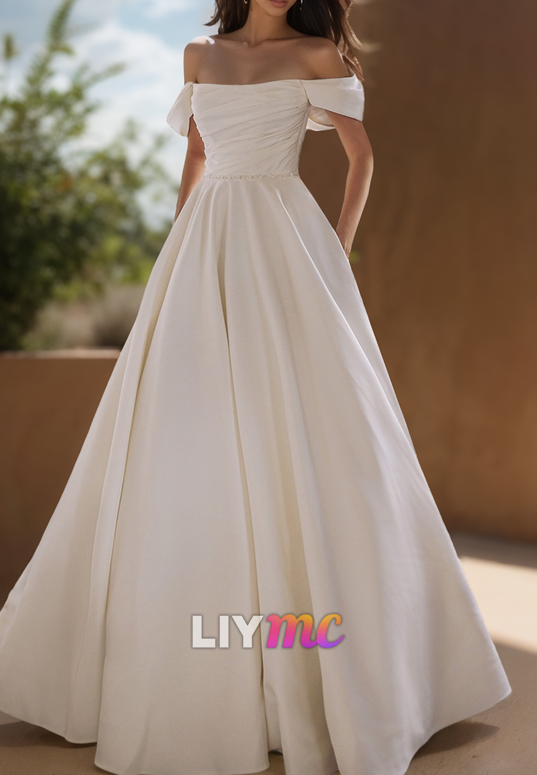 Off-Shoulder Sleeveless Pleated Satin Simple A-Line Wedding Dress