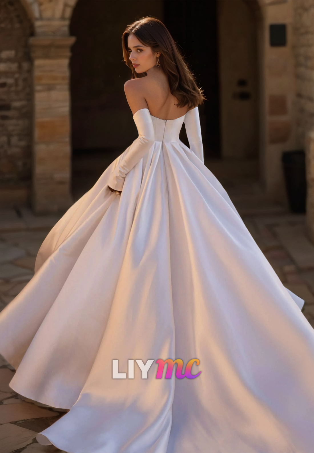 Off-Shoulder Sleeveless Pleated Side Slit Satin A-Line Wedding Dress