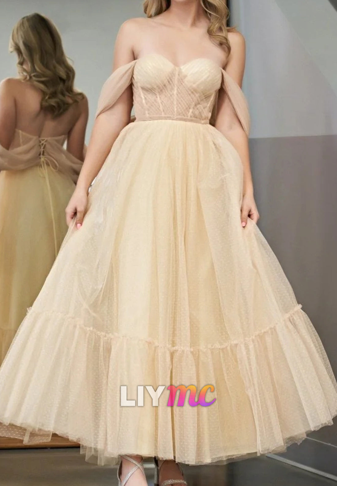 Off-Shoulder Sleeveless Pleated Tulle Formal Dress A-Line Prom Dress