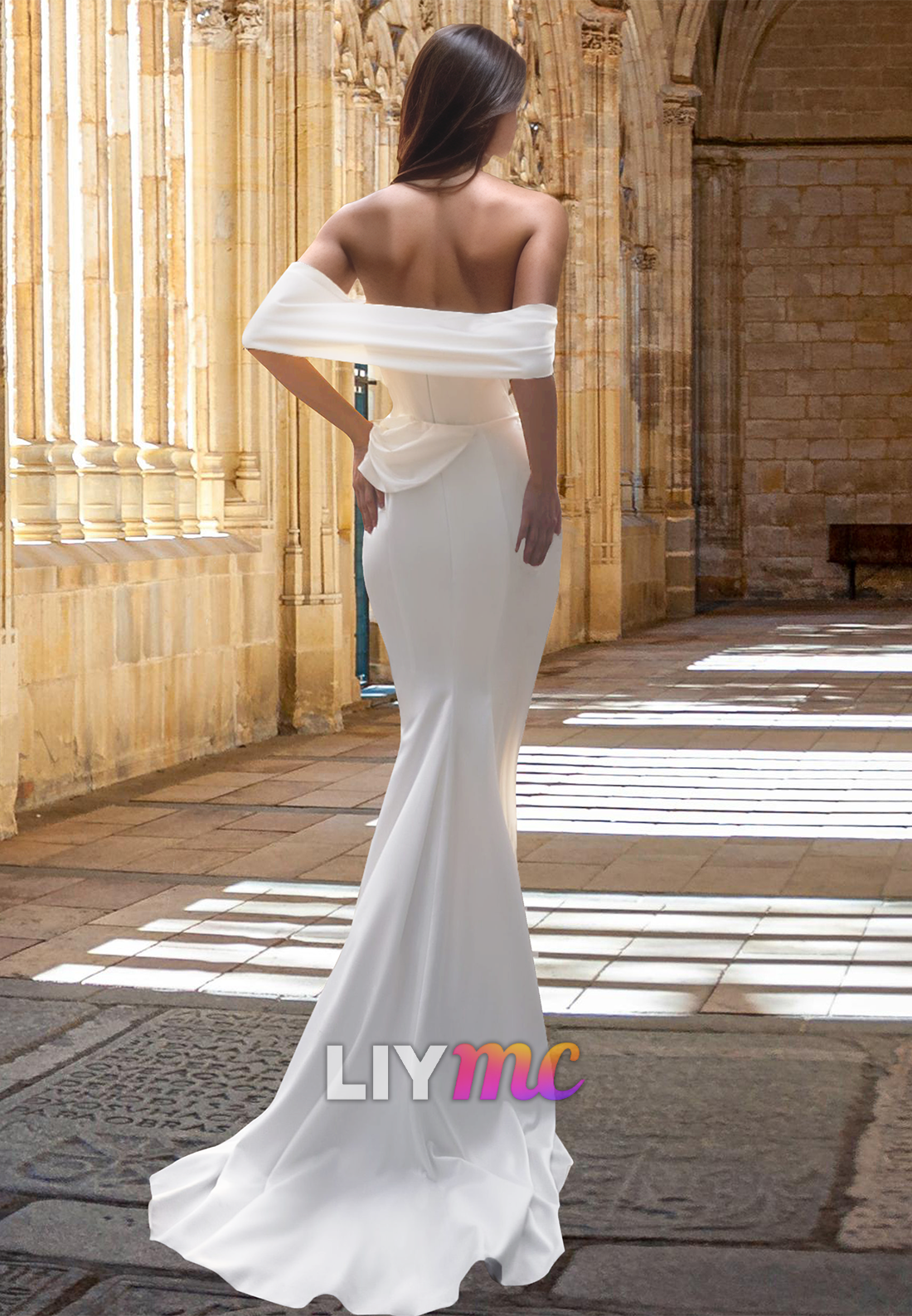 Off-Shoulder Sleeveless Ruched Pleated Side Slit Sheath Beach Wedding Dress
