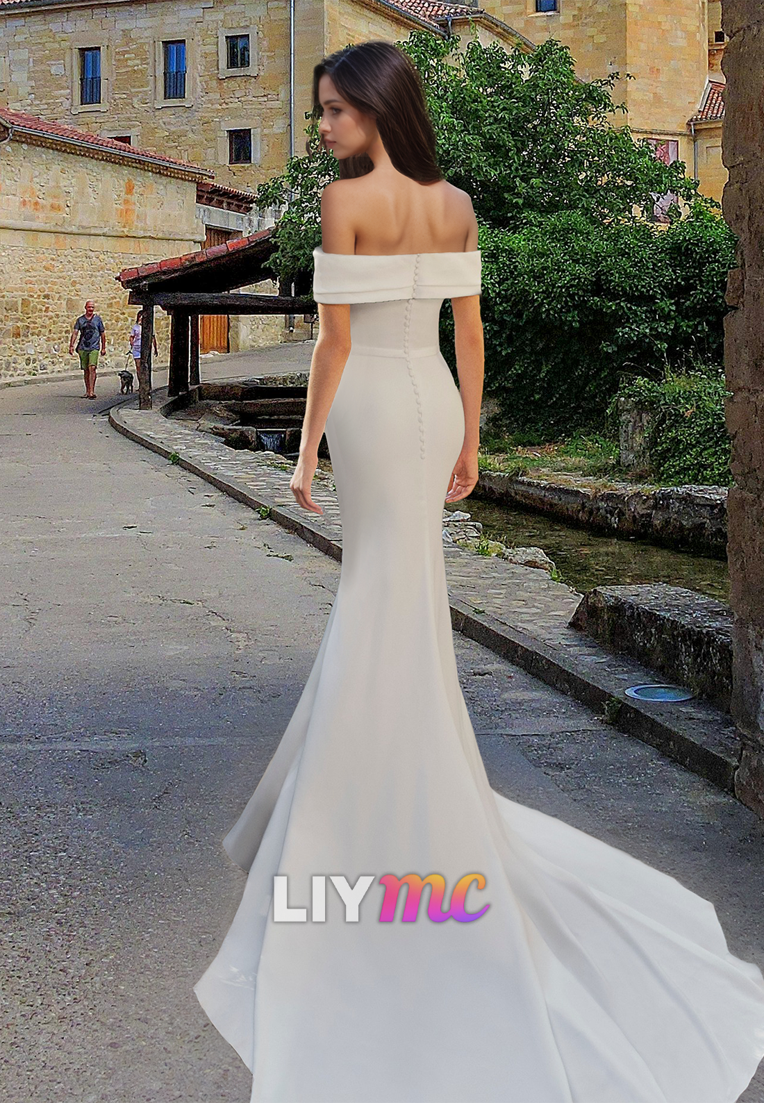 Off-Shoulder Sleeveless Ruched Sleek Mermaid Beach Wedding Dress