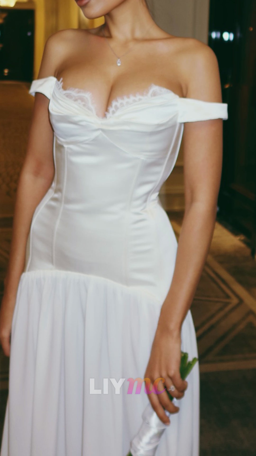 Off-Shoulder Sleeveless Satin A-Line Civil Wedding Dress