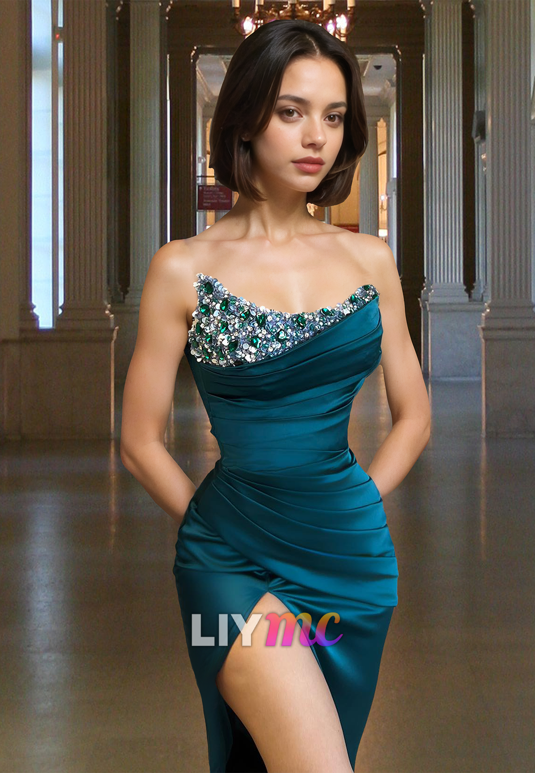 Off-Shoulder Sleeveless Sequins Beaded Pleated Sheath Prom Dress