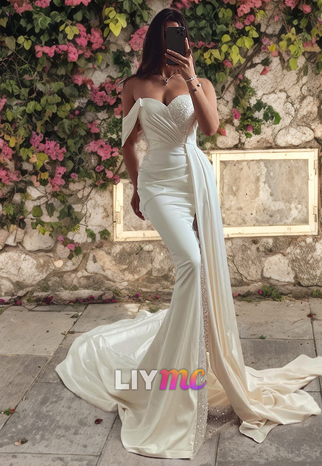 LW451 - Off-Shoulder Asymmetrical Pleated Beaded Satin Ruched Mermaid Liymc LW451 - Off-Shoulder Asymmetrical Pleated Beaded Satin Ruched Mermaid Liymc