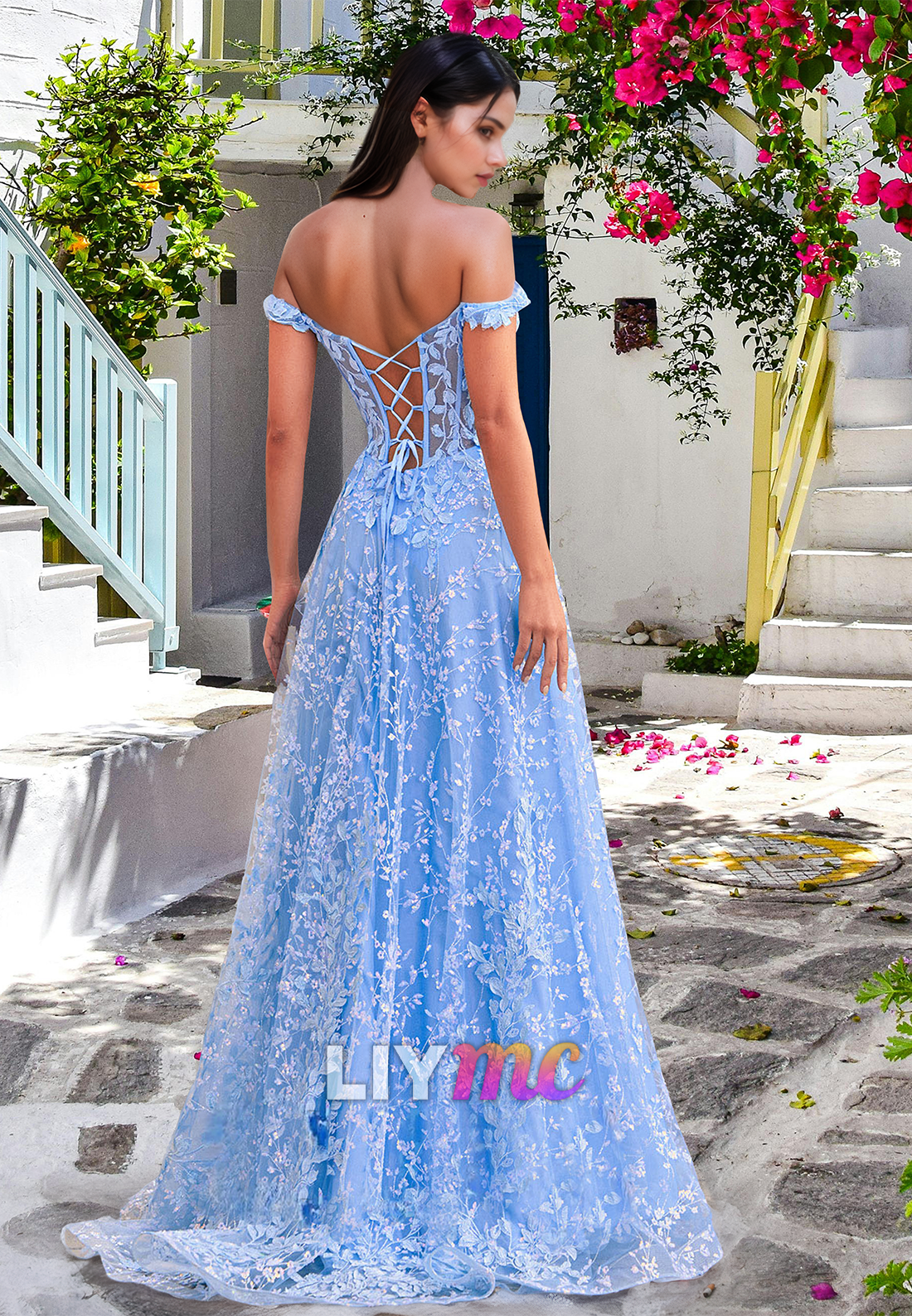 Off-Shoulder Sleeveless Side Slit Appliques A-Line Prom Dress