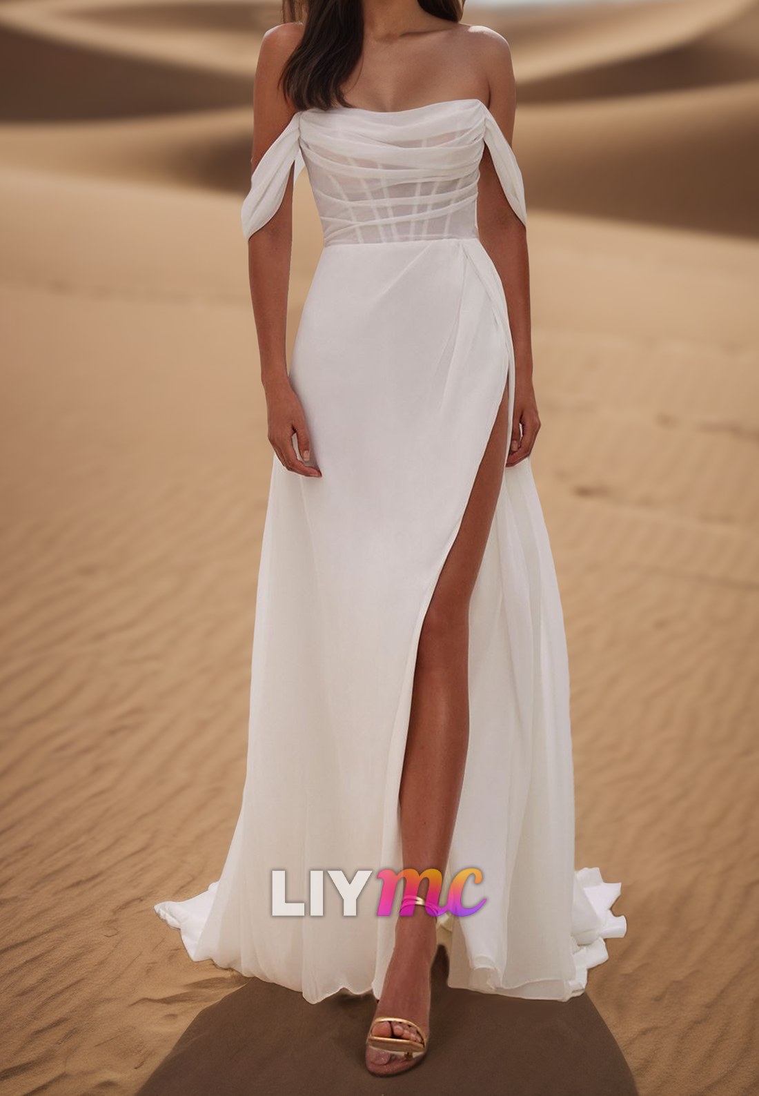 Off-Shoulder Sleeveless Side Slit Sheath Beach Wedding Dress