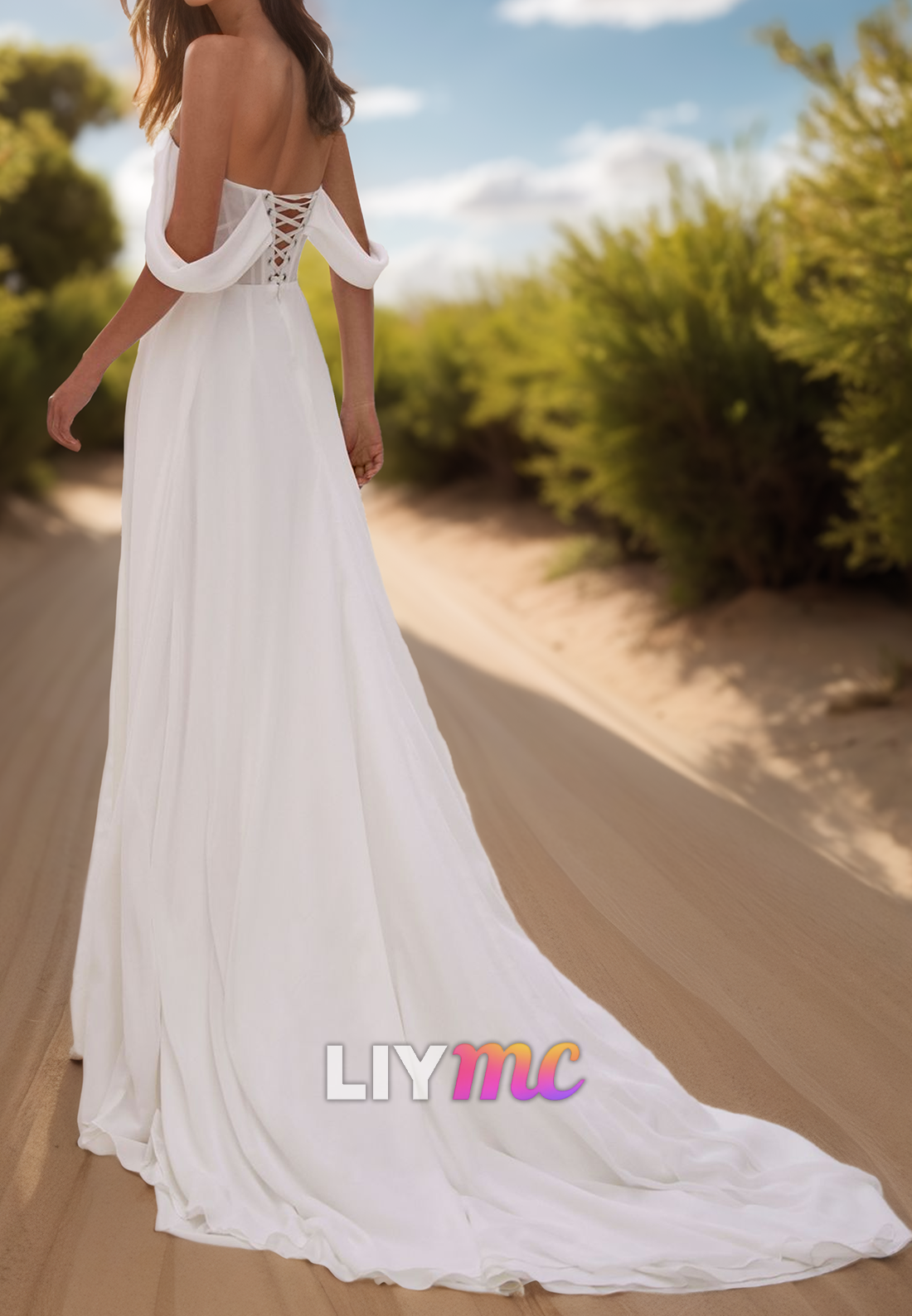 Off-Shoulder Sleeveless Side Slit Sheath Beach Wedding Dress