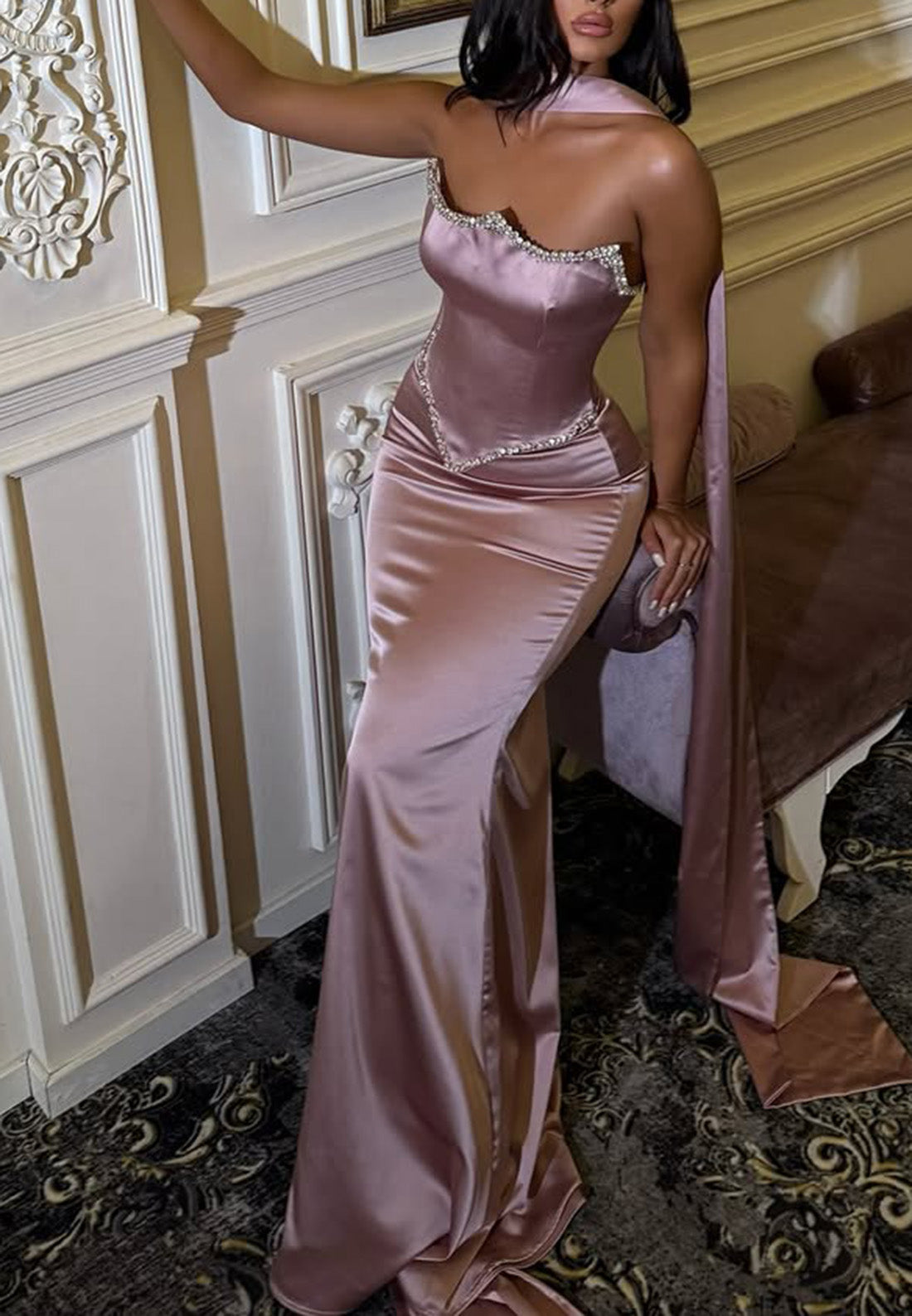 Off-Shoulder Sleeveless Sleek Beaded Mermaid Prom Dress