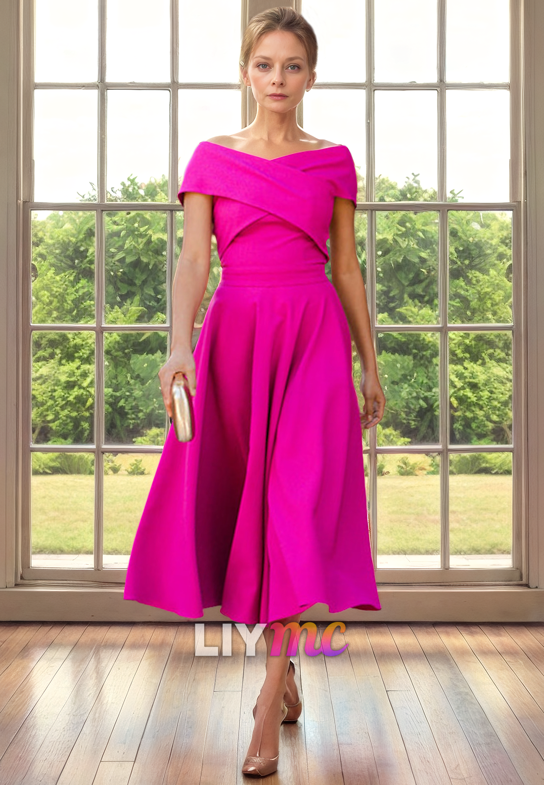 Off-Shoulder Sleeveless Sleek Pleated A-Line Mother of Bride Dress Cocktail Dress