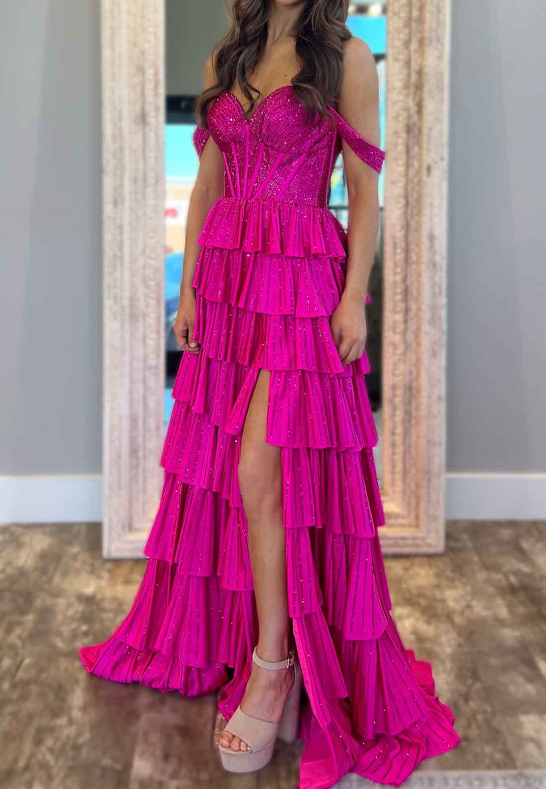 Off-Shoulder Sleeveless Tiered Sparkly A-Line Prom Dress