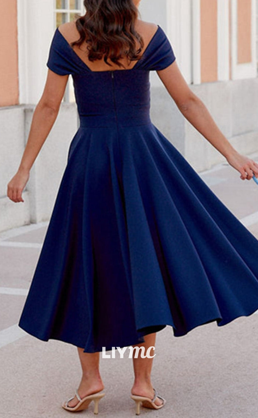 M1260 - Off-Shoulder Sleeves Pleated A-Line Chiffon Mother of Bride Dress Cocktail Dress