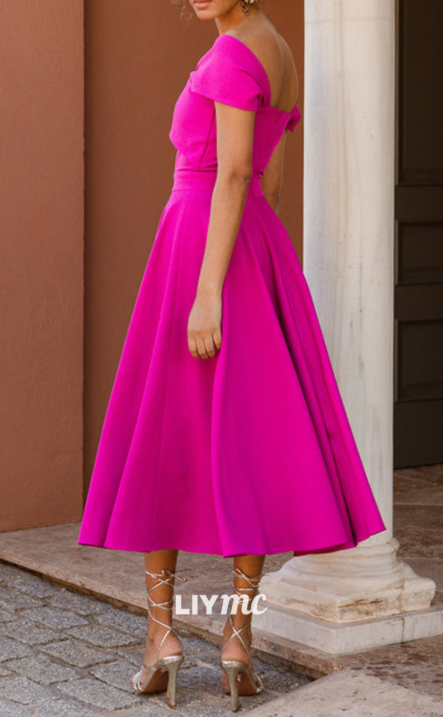 M1260 - Off-Shoulder Sleeves Pleated A-Line Chiffon Mother of Bride Dress Cocktail Dress