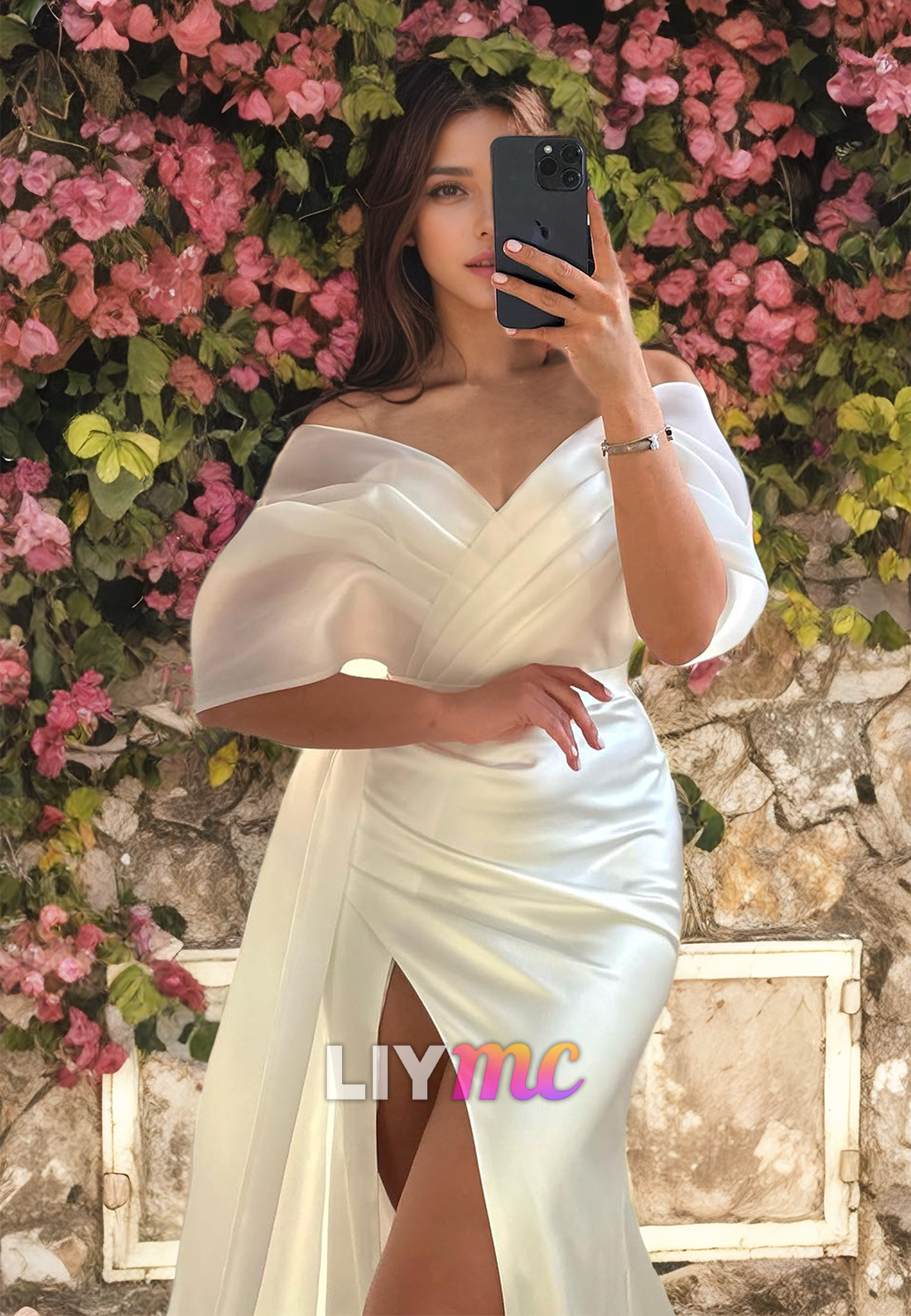 Off-Shoulder Sleeves Ruched High Slit Mermaid Beach Wedding Dress