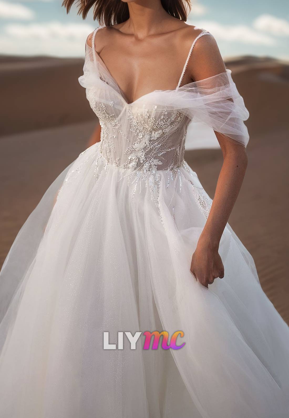 Off-Shoulder Spaghetti Straps Appliques Ball Gown Wedding Dress