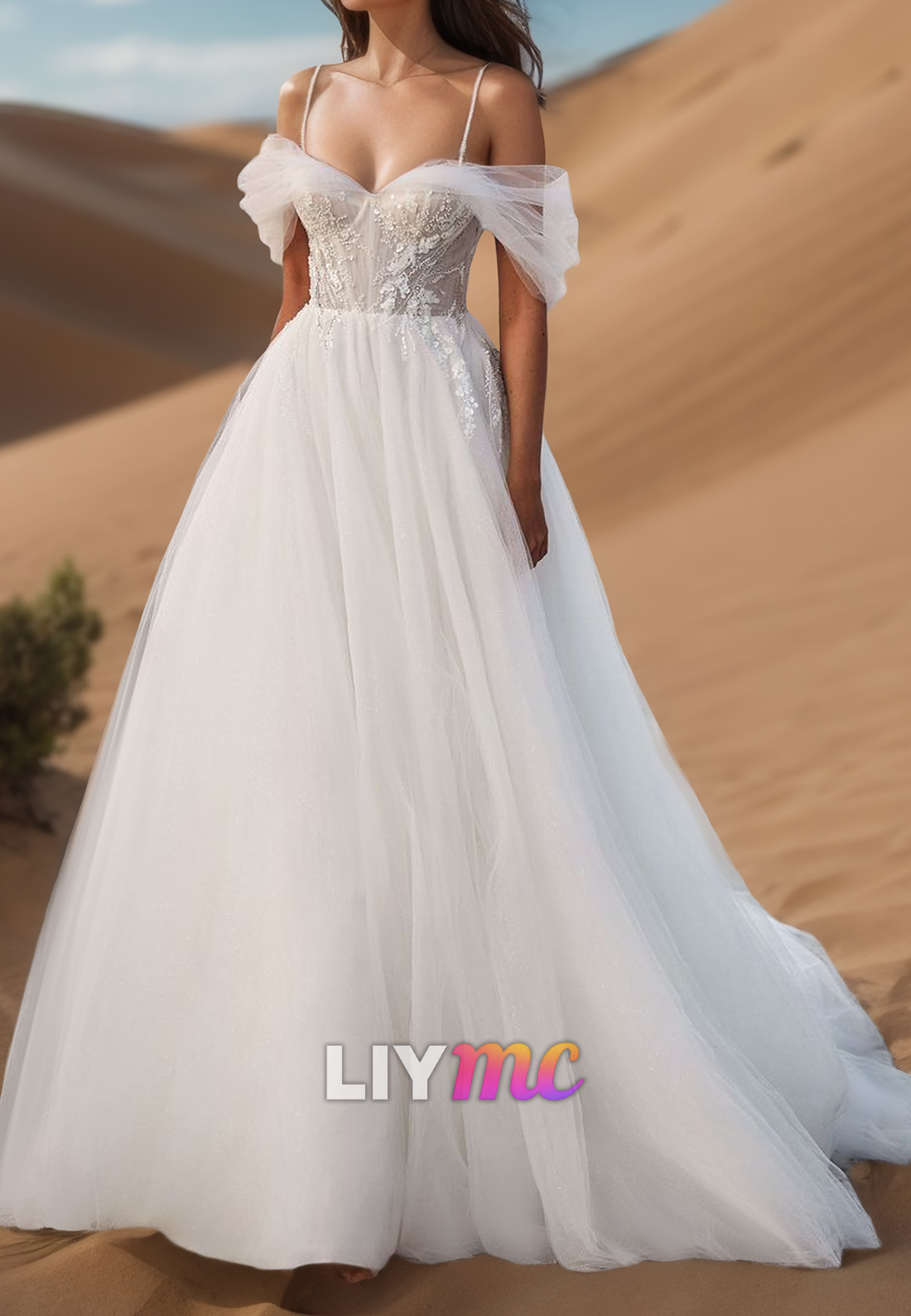 Off-Shoulder Spaghetti Straps Appliques Ball Gown Wedding Dress