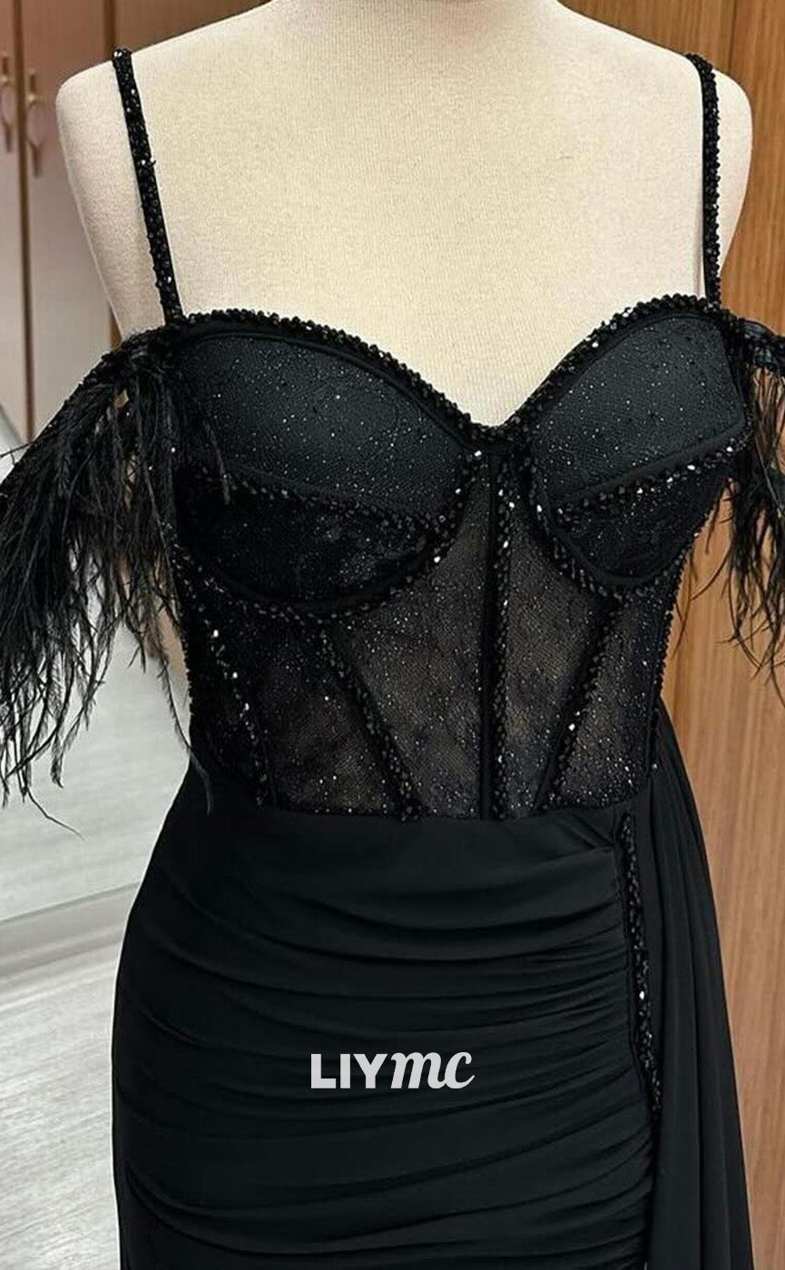 LP2248 - Off-Shoulder Spaghetti Straps Appliques Pleated Cocktail Dress Prom Dress