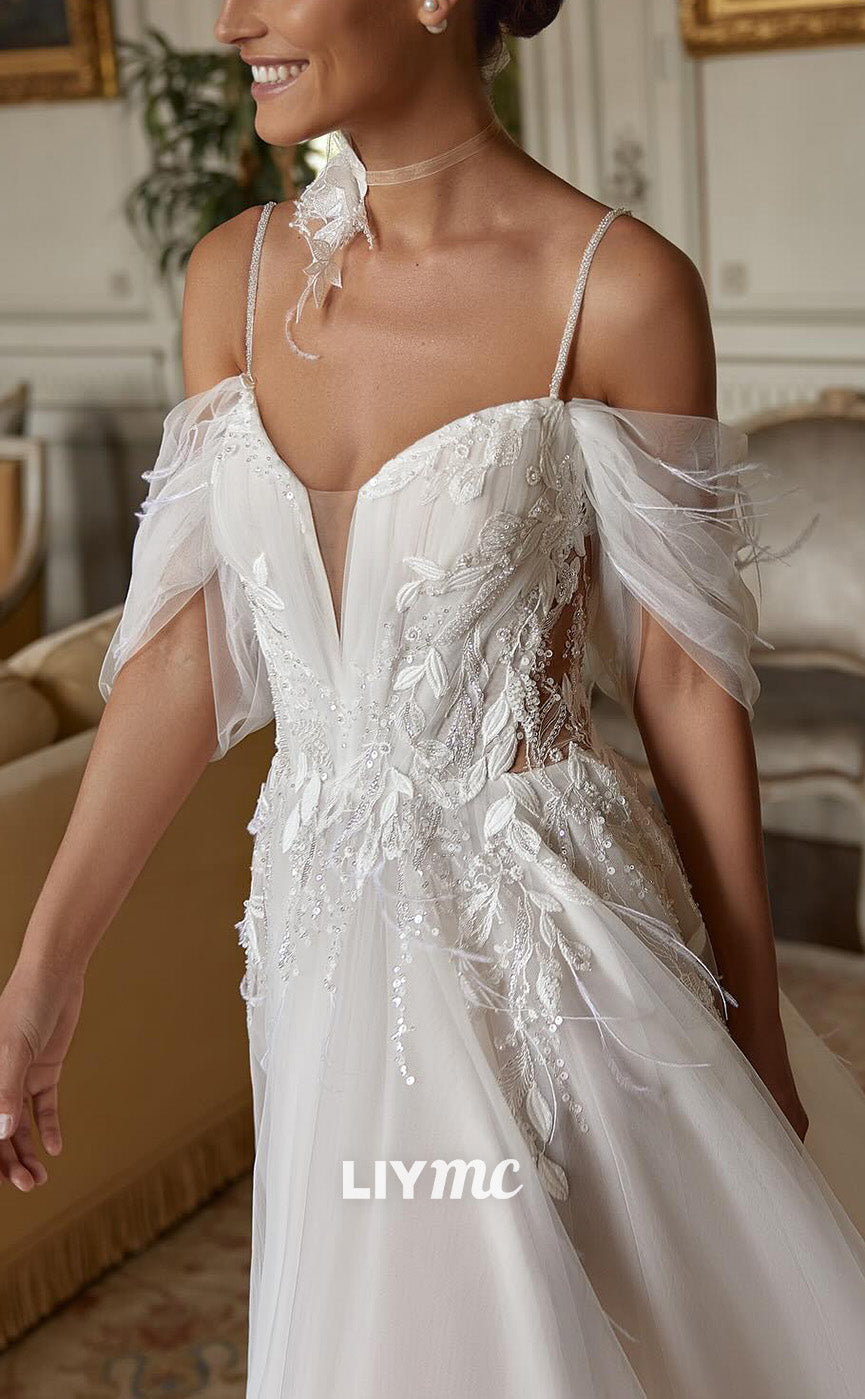 LW950 - Off-Shoulder Spaghetti Straps Appliques Tulle A-Line High Slit Beach Wedding Dress