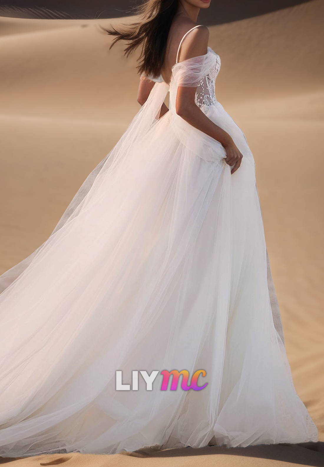 Off-Shoulder Spaghetti Straps Appliques Tulle A-Line Wedding Dress