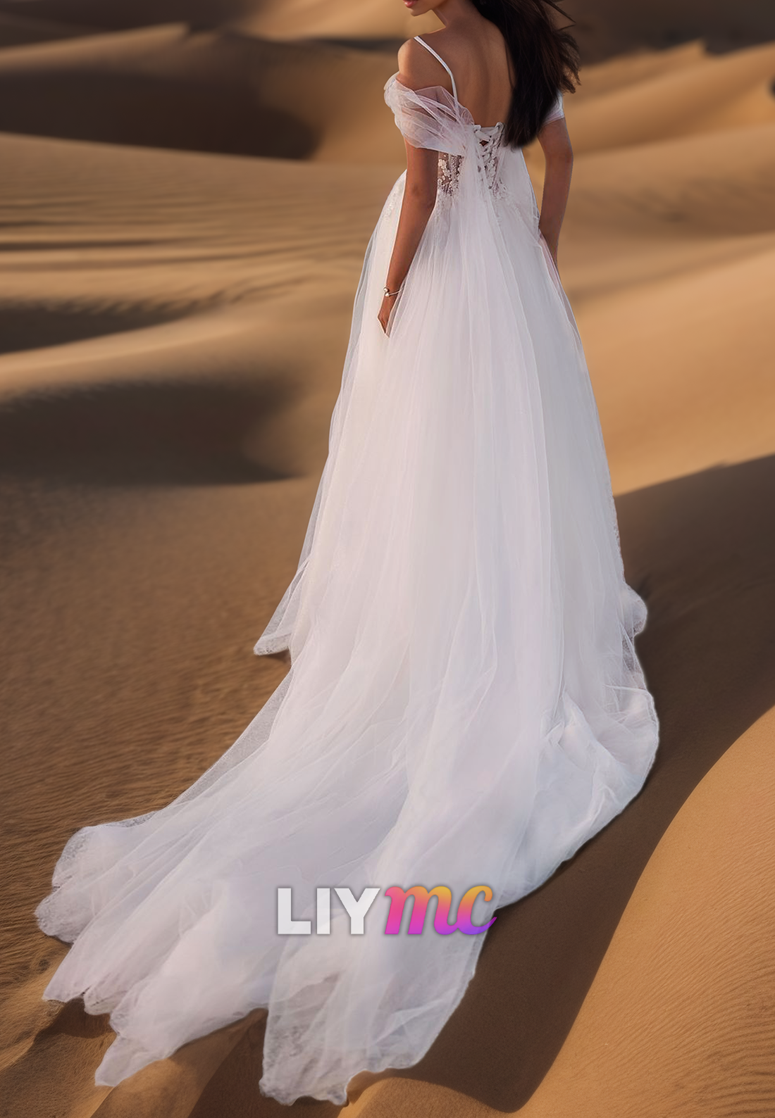 Off-Shoulder Spaghetti Straps Appliques Tulle A-Line Wedding Dress