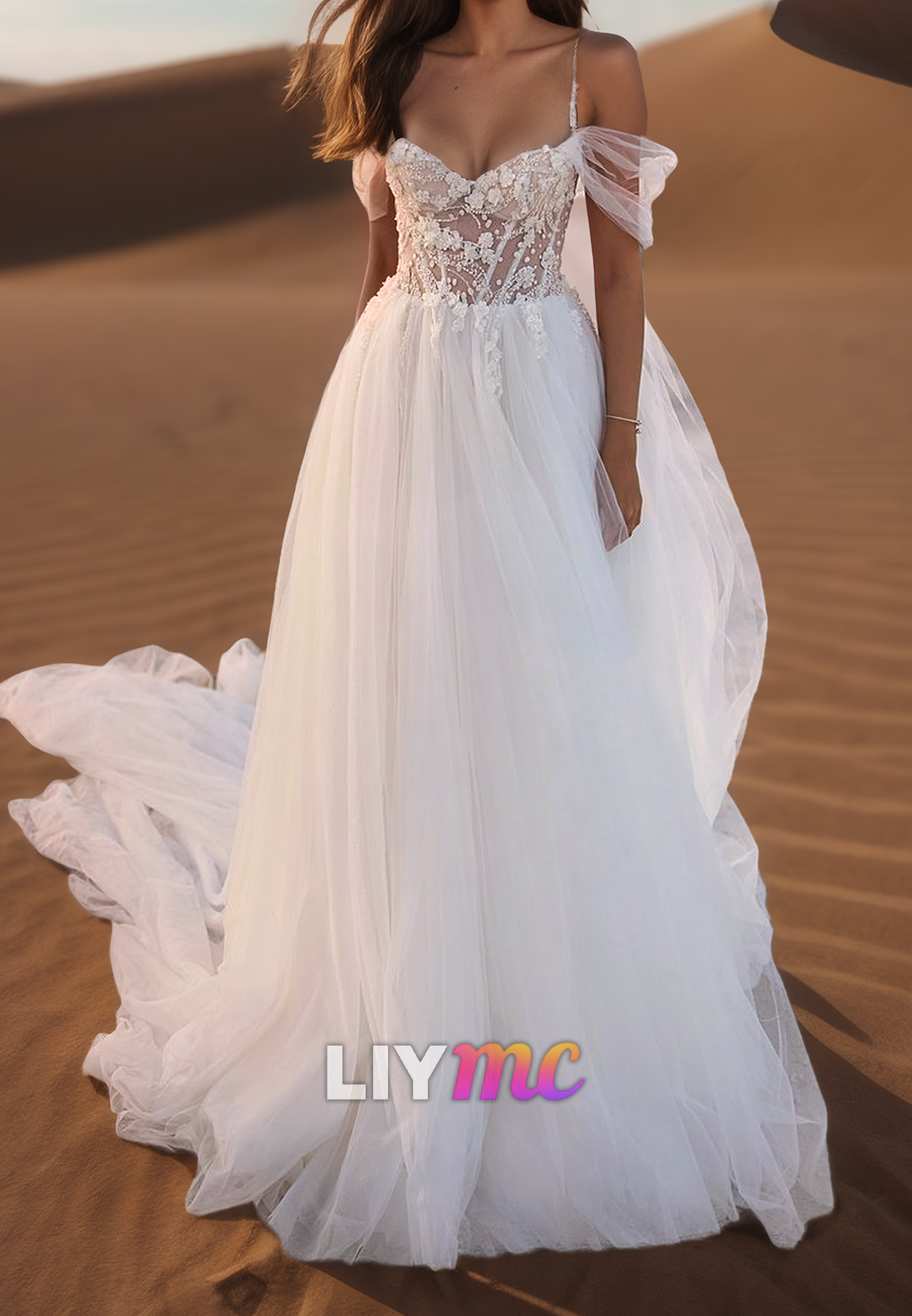 Off-Shoulder Spaghetti Straps Appliques Tulle A-Line Wedding Dress