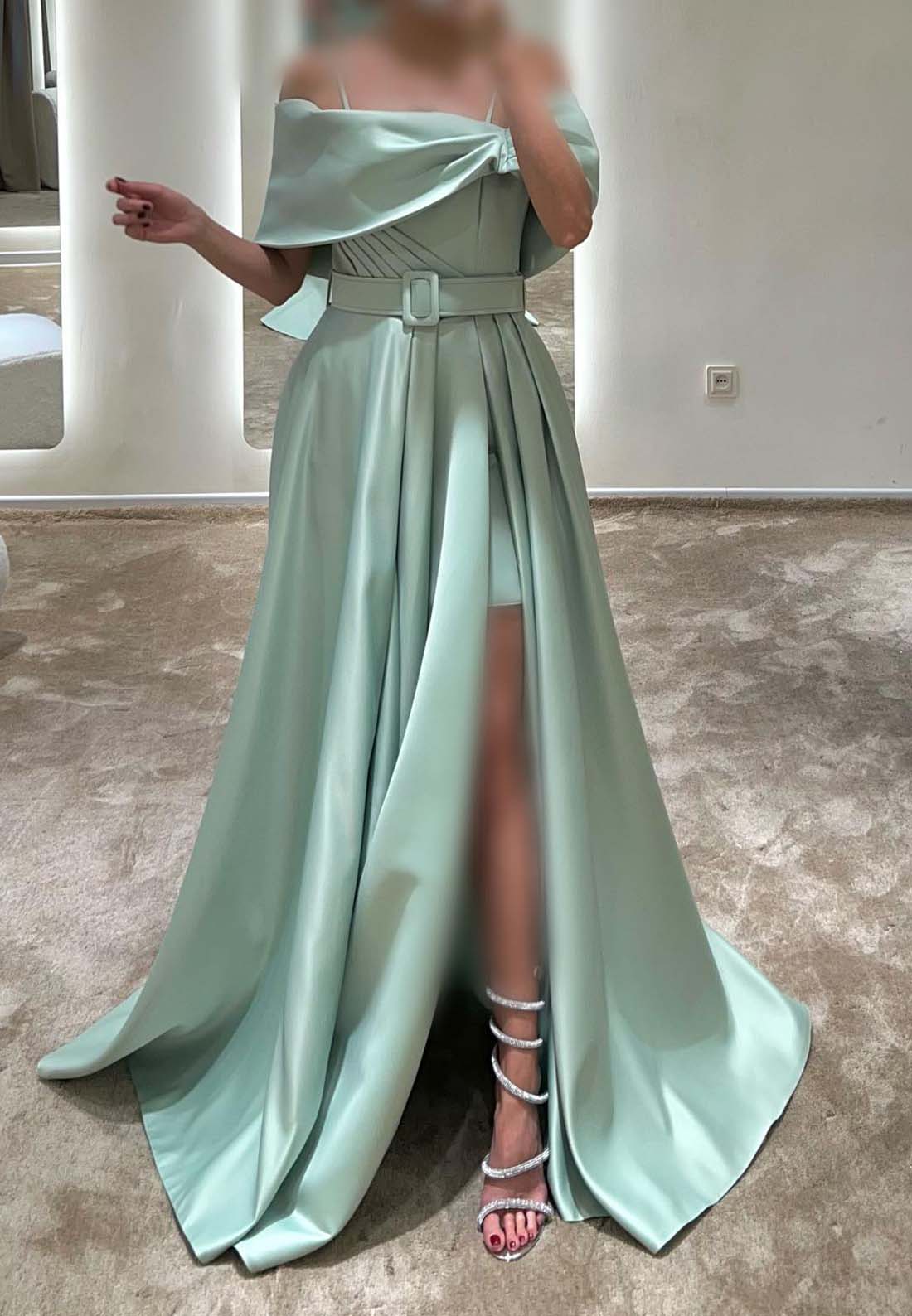 Off-Shoulder Spaghetti Straps Pleatedd Satin A-Line Formal Dress