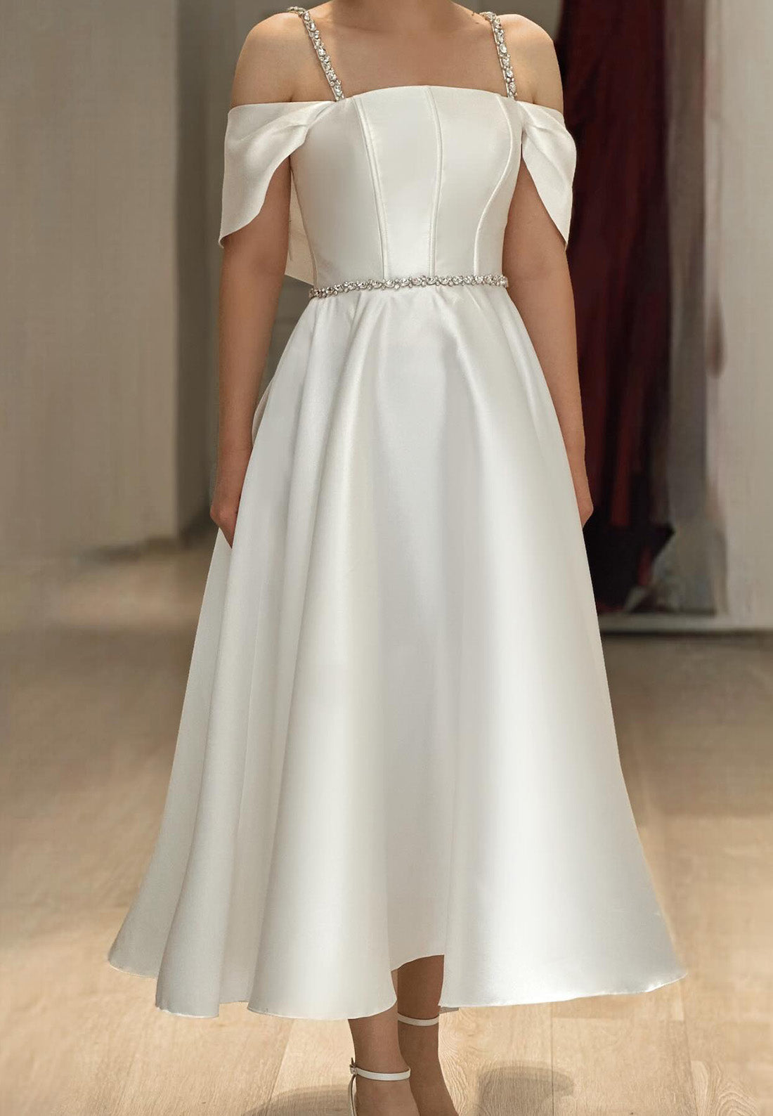 Off-Shoulder Spaghetti Straps Sleek A-Line Satin Midi Wedding Dress