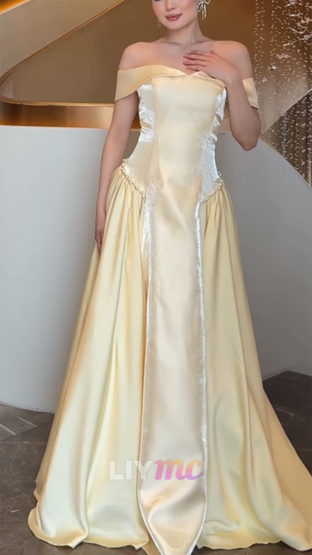 Off-Shoulder Sparkly A-Line Yellow Prom Dress