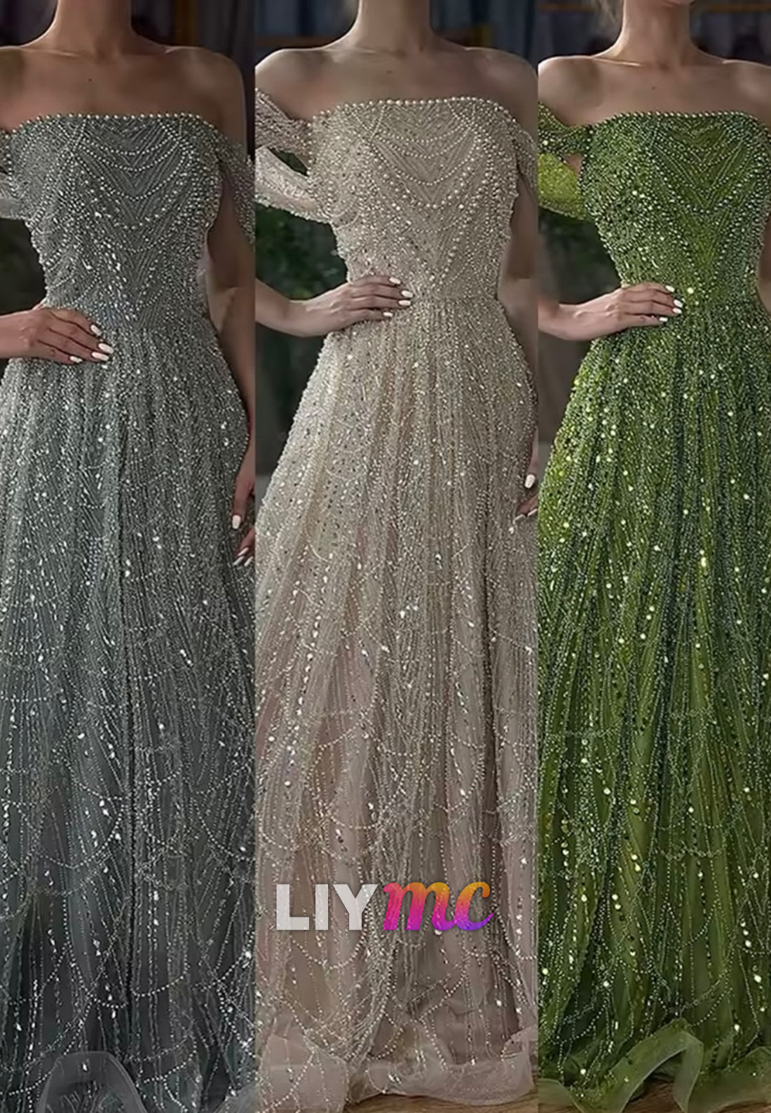 Off-Shoulder Sparkly Beaded Embroidery A-Line Prom Dress
