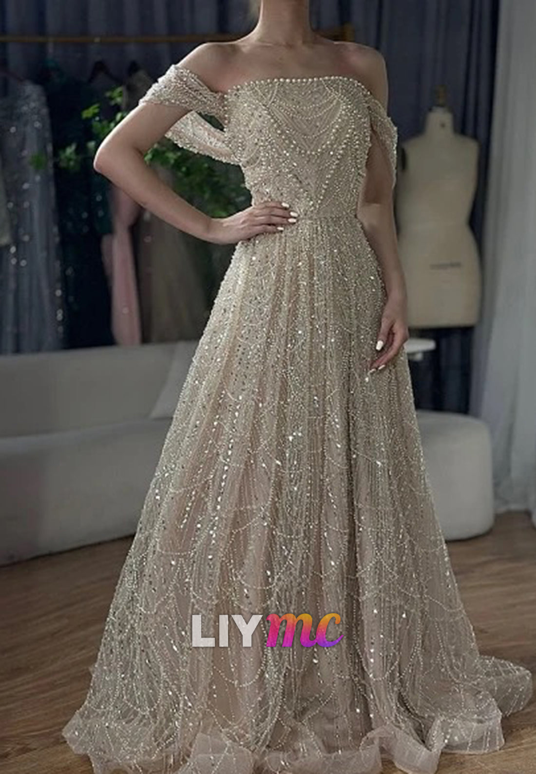 Off-Shoulder Sparkly Beaded Embroidery A-Line Prom Dress