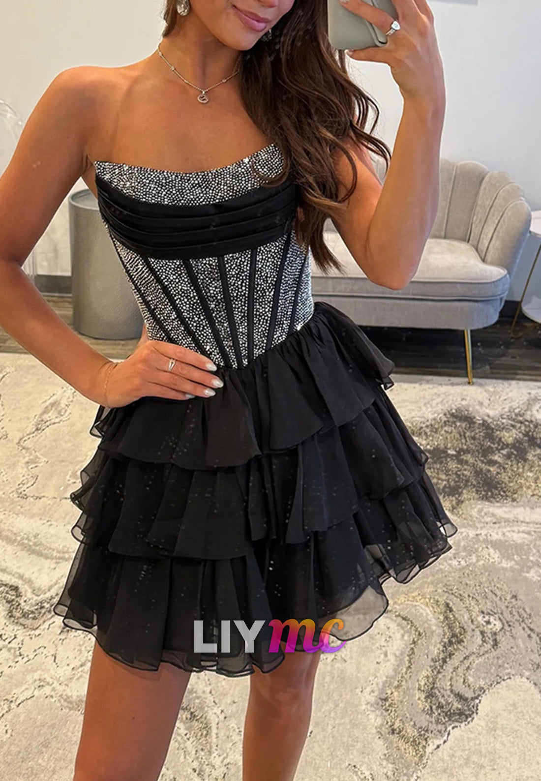 Off-Shoulder Sparkly Chiffon Tiered A-Line Homecoming Dress